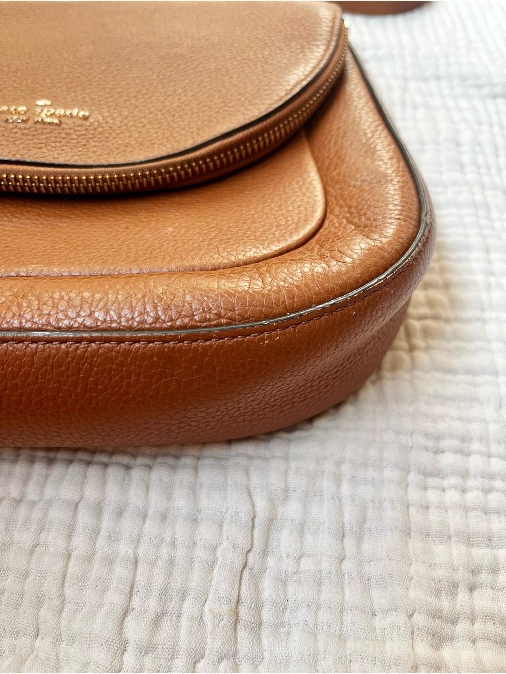Kate Spade Camel Tan Pebbled Leather Crossbody Bag Foldover Purse - Picture 3 of 8